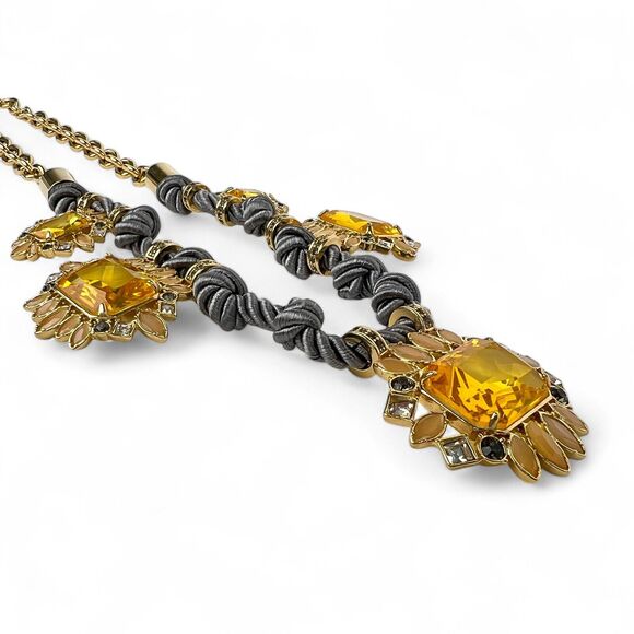 Ann Taylor Necklace Large Yellow Rhinestones Gray Twisted Satin Rope Gold Tone - Picture 8 of 10